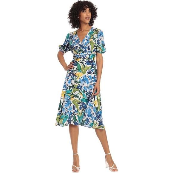 Maggy London White Sky Floral Print A-Line Midi Dress - Picture 1 of 5